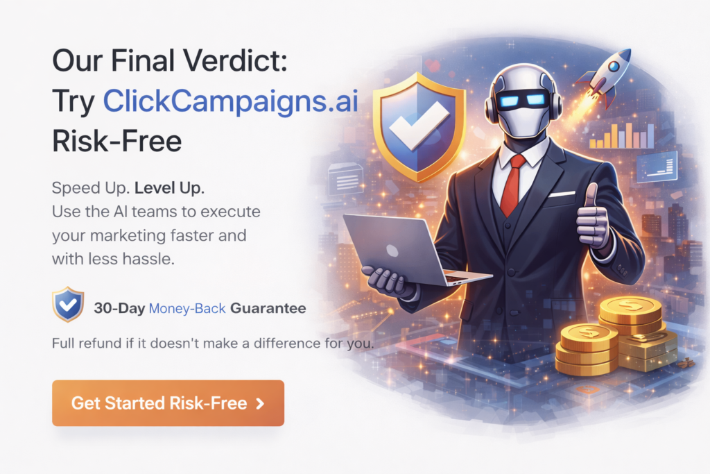 Click Campaigns AI 30-day money-back guarantee graphic showing AI marketing platform with risk-free trial assurance
