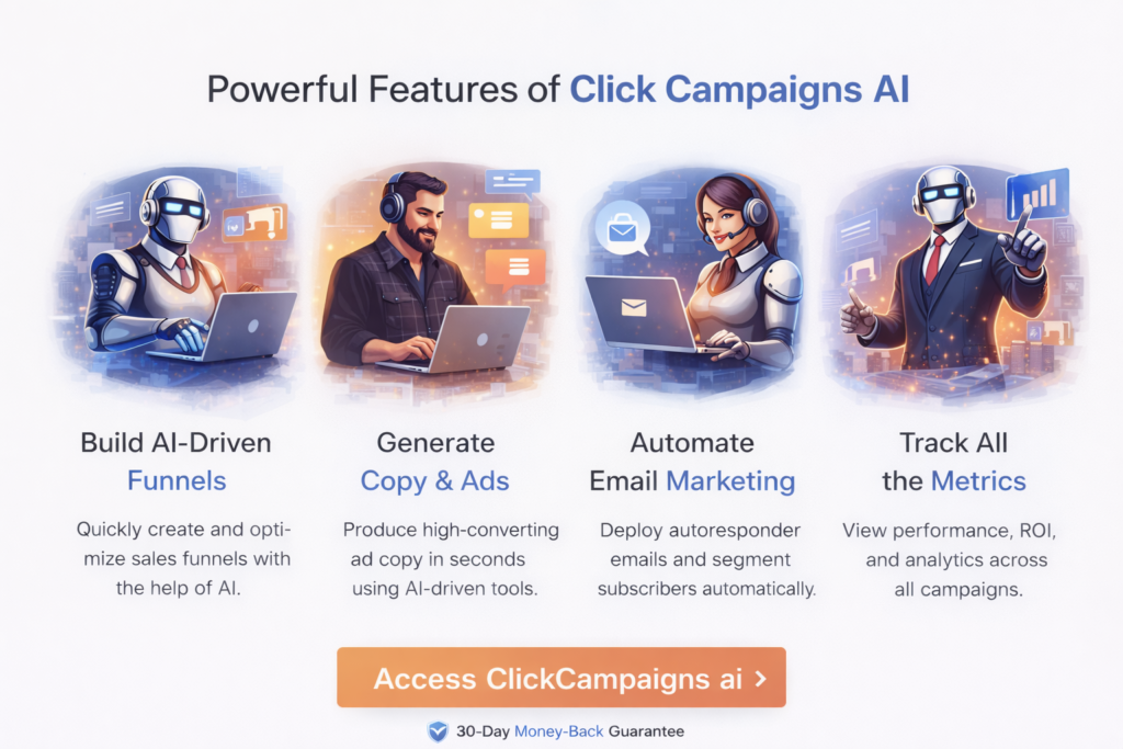 Click Campaigns AI features showing 22 AI agents building funnels, generating copy, automating email marketing, and tracking campaign performance