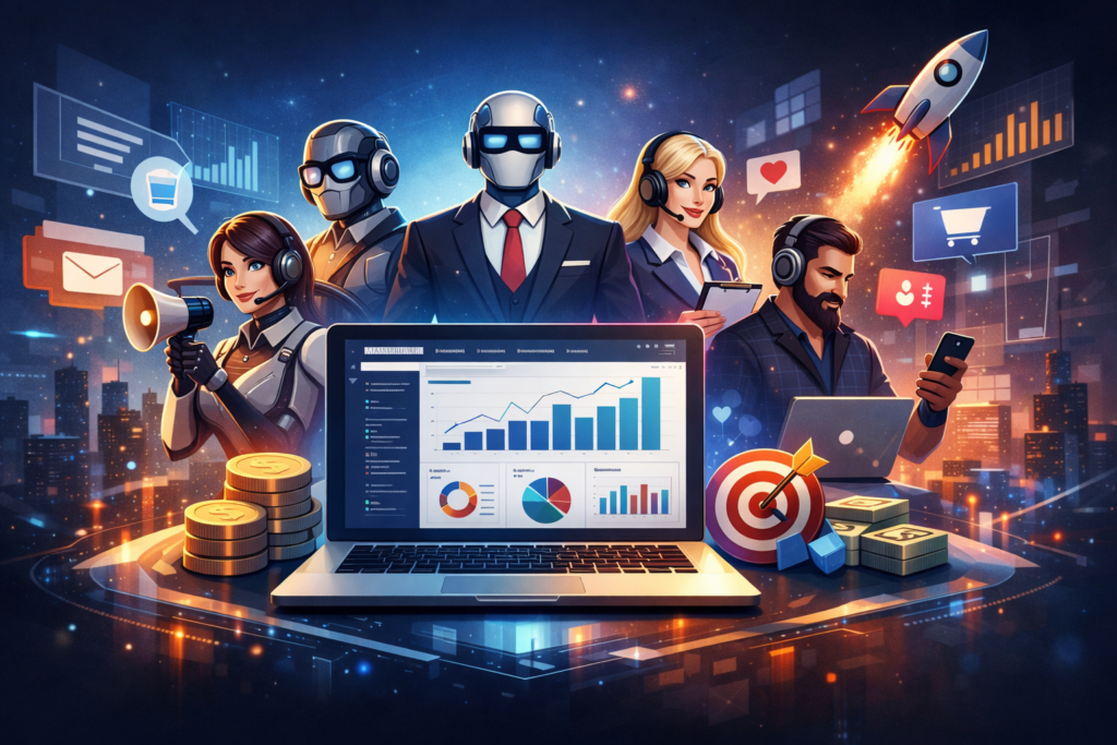 Click Campaigns AI dashboard showing 22 AI marketing agents collaborating to build funnels, emails, ads, and campaigns in real time