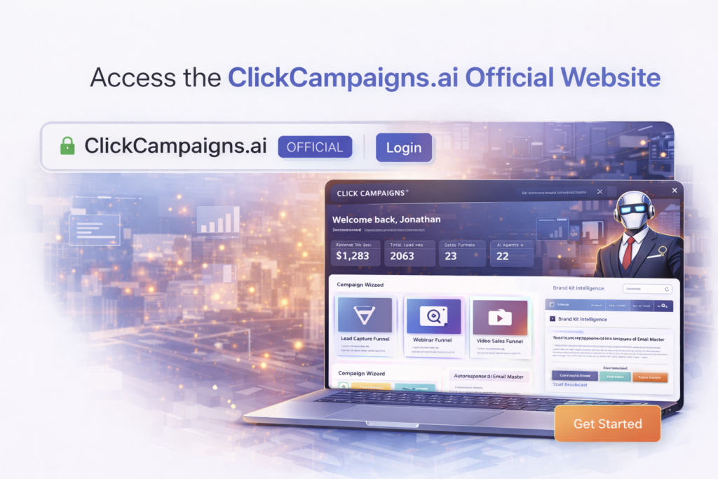 Click Campaigns official website dashboard showing ClickCampaigns.ai login page and AI campaign management interface