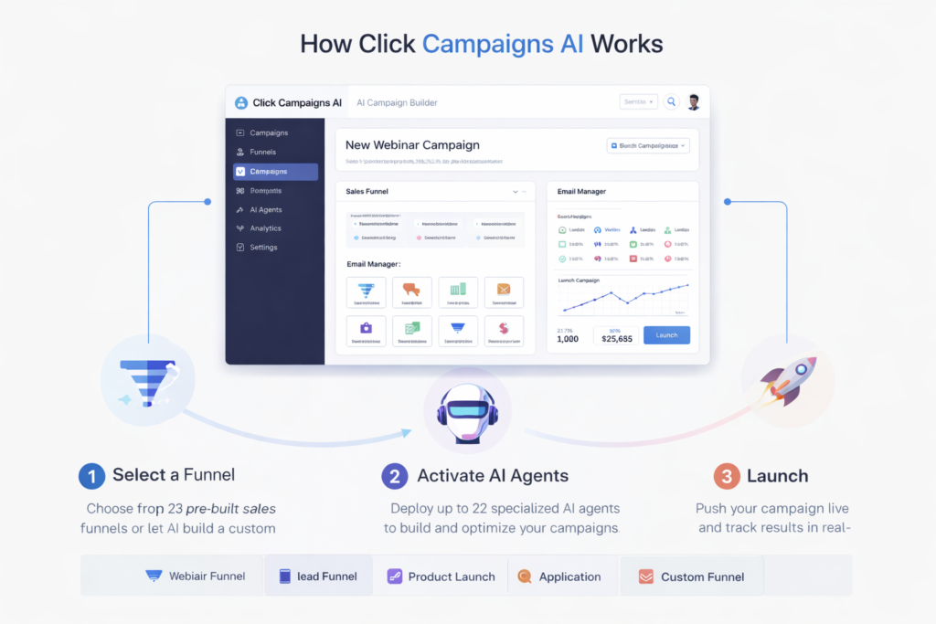 How Click Campaigns AI works – selecting a funnel, activating 22 AI agents, and launching automated marketing campaigns